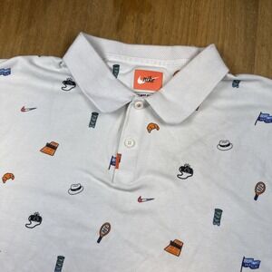 Nike Tennis Short Sleeve Polo Shirt Men's L White Logo All Over Print Retro